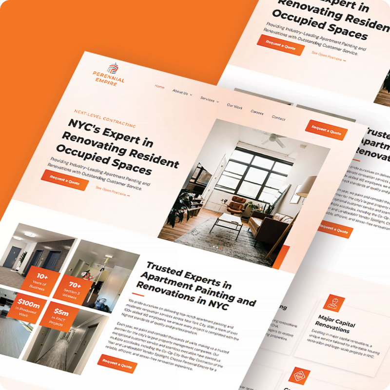 Angled mockup of a white and orange website for NYC resident occupied space renovation services