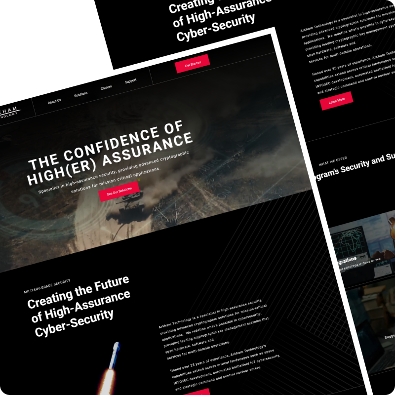 Dark cybersecurity website mockup with bold white headlines and red call-to-action buttons on black backgrounds