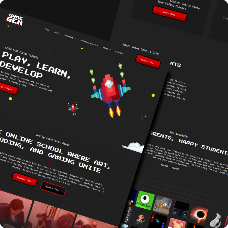 Dark-themed gaming school website mockup with rocket graphic and bold white/red text.