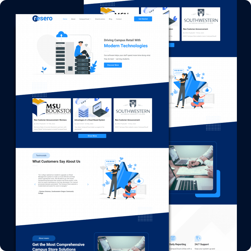 Blue-and-white technology website mockups with cards, charts, and illustrations of a person at a laptop