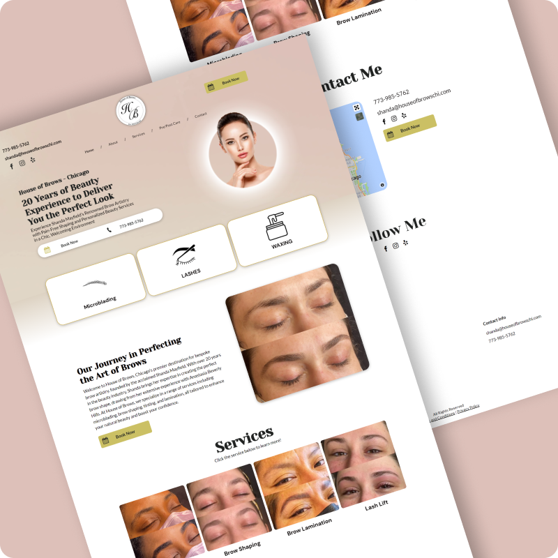 Overlapping beige skincare website mockups with facial treatment photos and service cards
