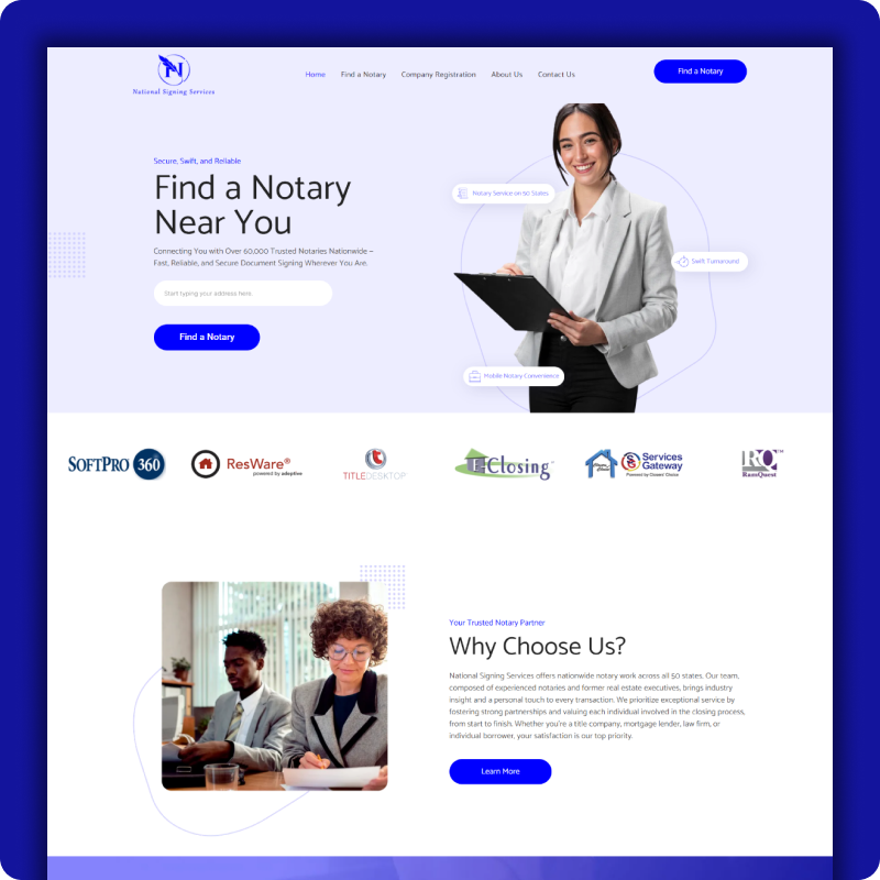 Website homepage for a notary service with a white-and-blue layout and a smiling professional holding documents