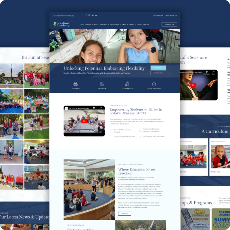 Collage of a school website with student photos, blue header, and event/news sections
