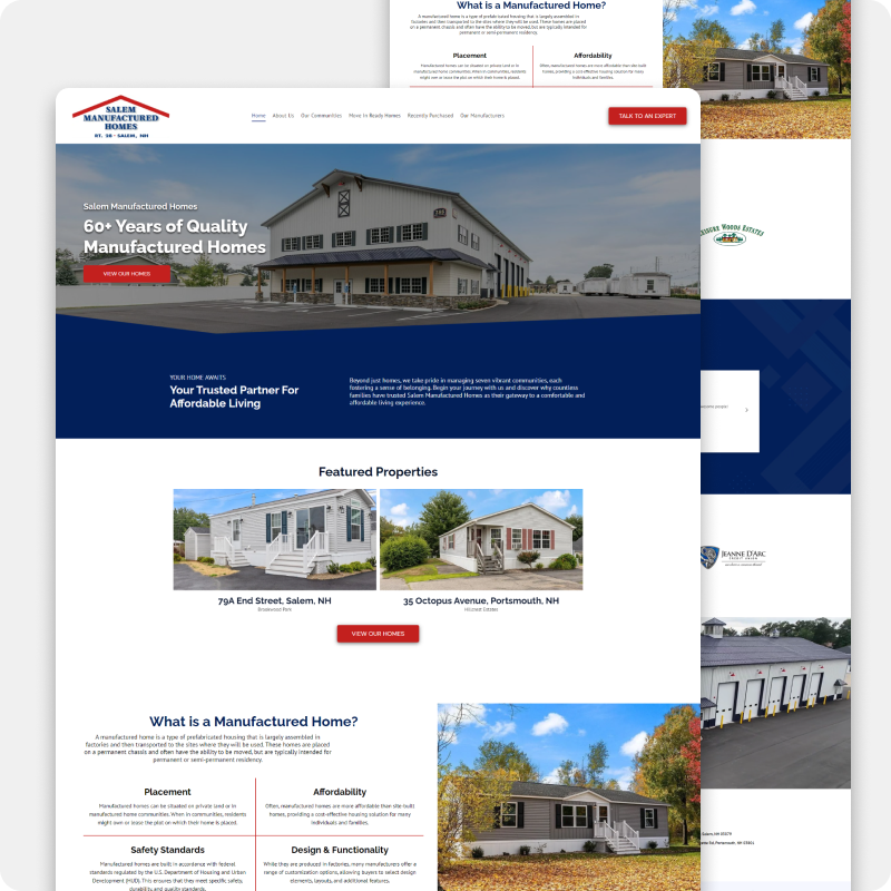 Website homepage mockup for a manufactured housing company, with blue-and-white layout and home photos