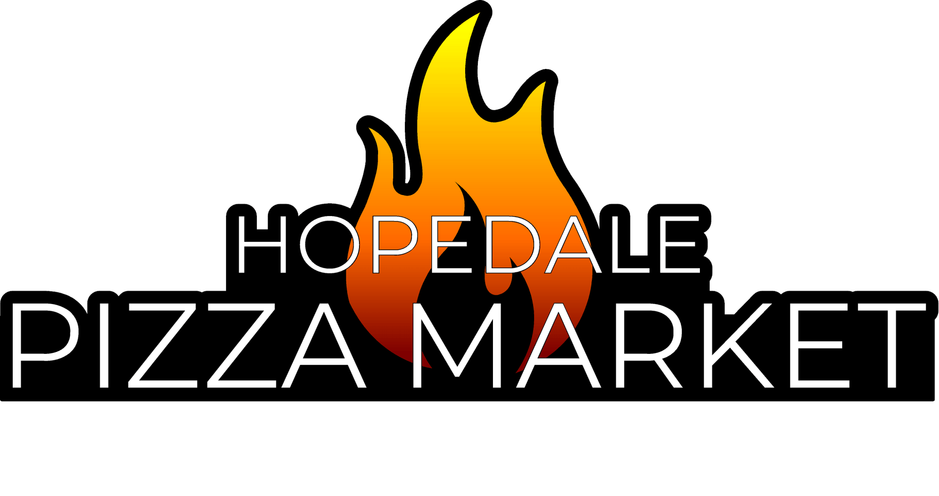 Hopedale Pizza Market logo with black text and a stylized orange-yellow flame above it