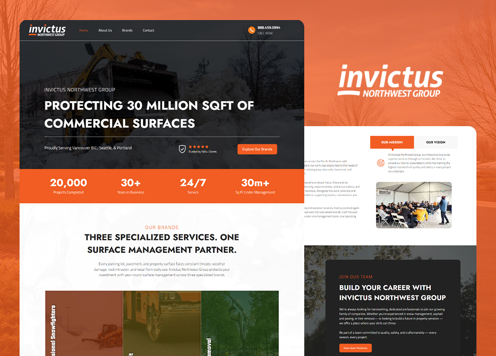 Website homepage for Invictus with orange-and-black hero banner and service stats overlaid on a laptop mockup