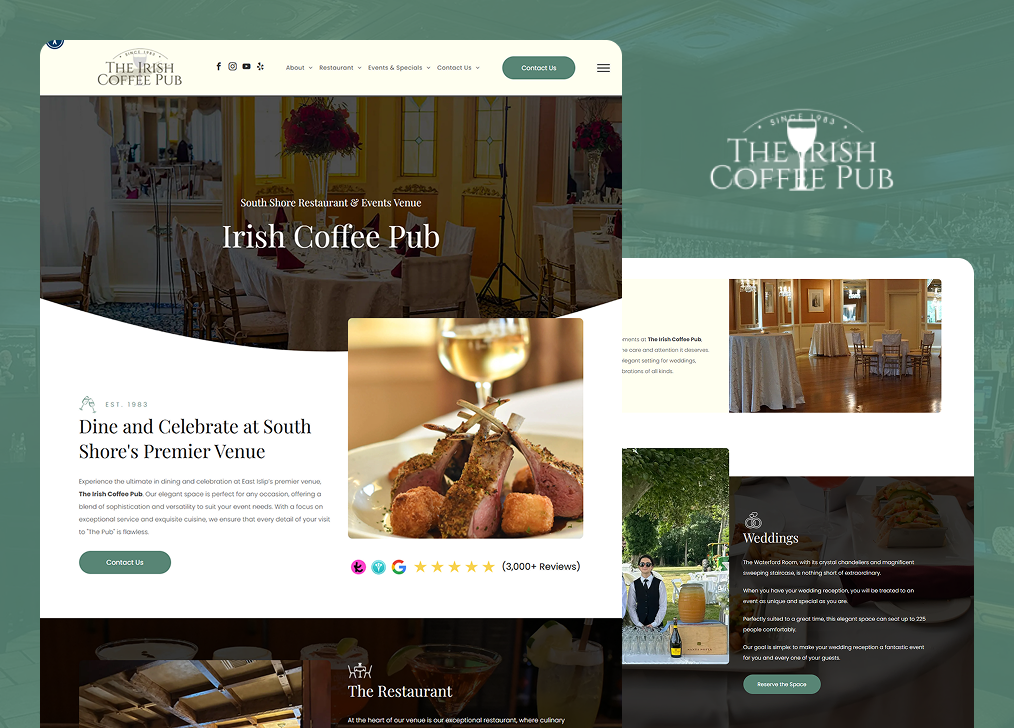 Collage of coffee shop website pages with dark green and beige tones, featuring Irish Coffee Pub branding.