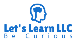 Blue logo with a head outline and brain above “Let’s Learn LLC” and the tagline “Be Curious”