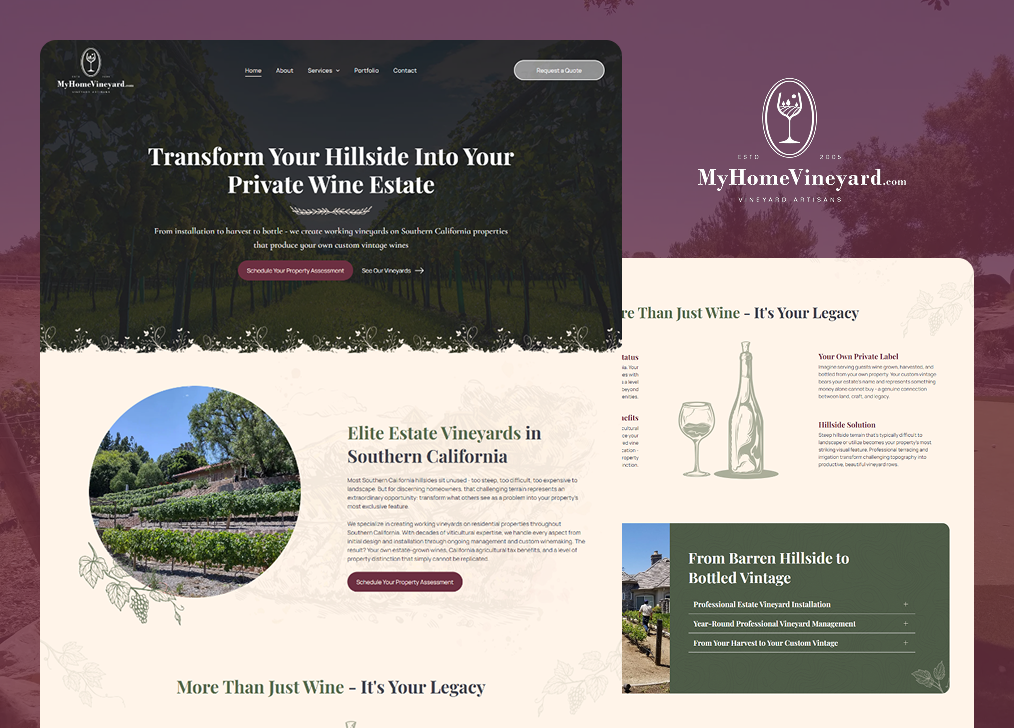 Real estate website mockup with estate photos, olive-green and cream layout, and “My Bask Vineyard” branding
