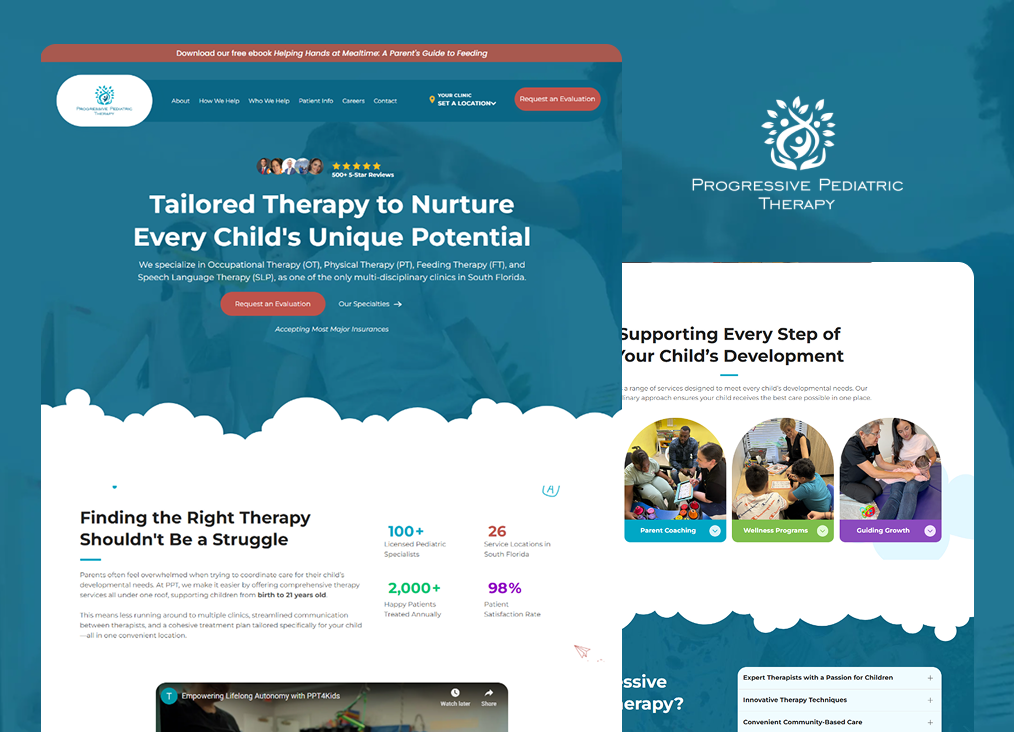 Therapy clinic website homepage with teal header, child photos, and “Tailored Therapy to Nurture Every Child’s Unique Potential”