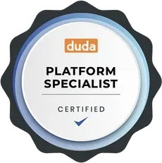 Duda Platform Specialist certified badge with blue and black rosette seal
