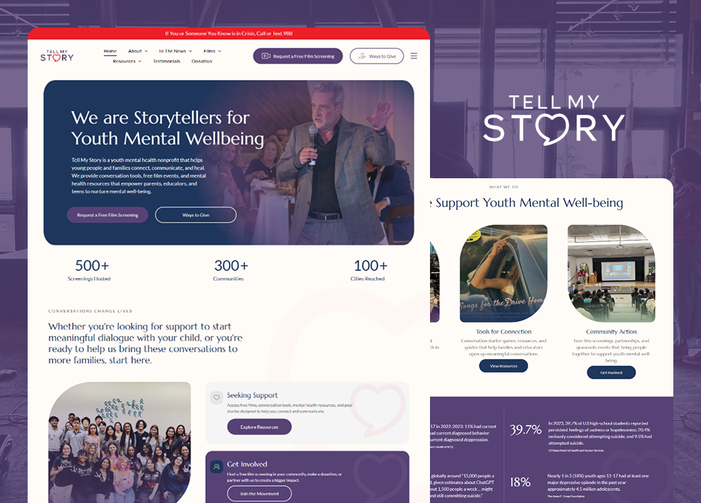 Website mockups for youth mental wellbeing in purple and white, with photos, stats, and story cards