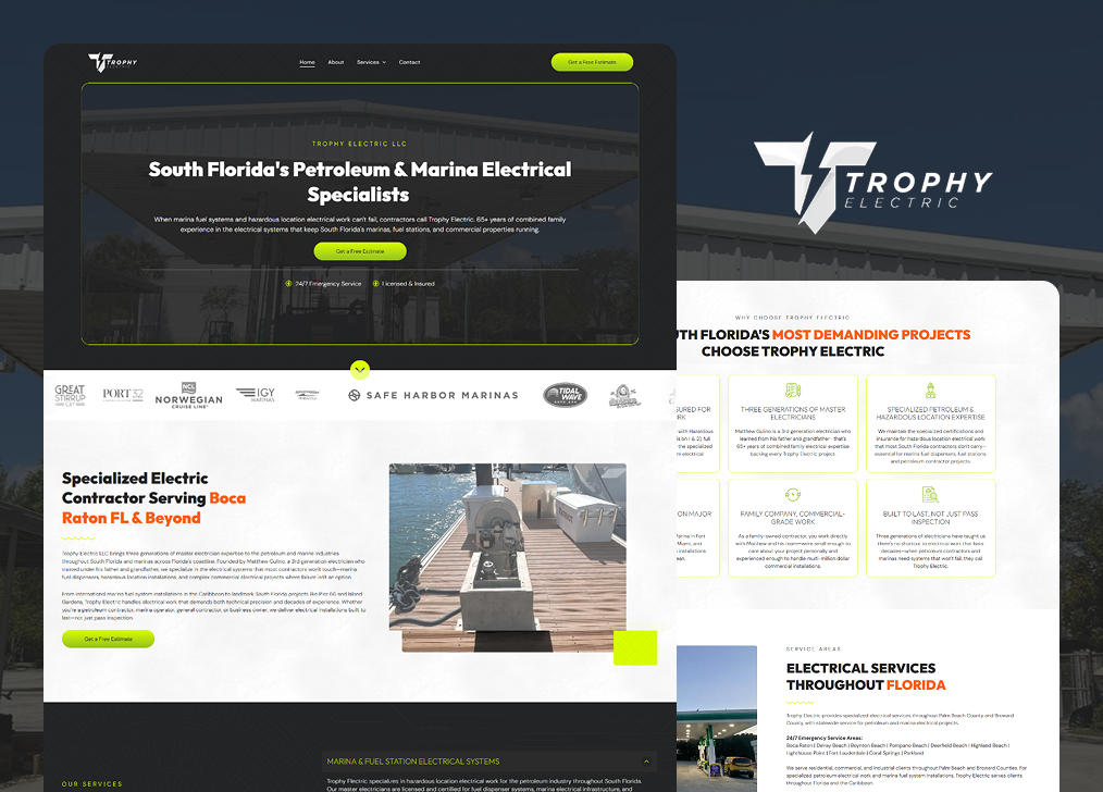 Website mockup for Trophy South Florida Portable & Marine Electrical Services in dark green and white layout