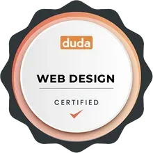 Duda web design certified badge with white center, orange accents, and scalloped black edge