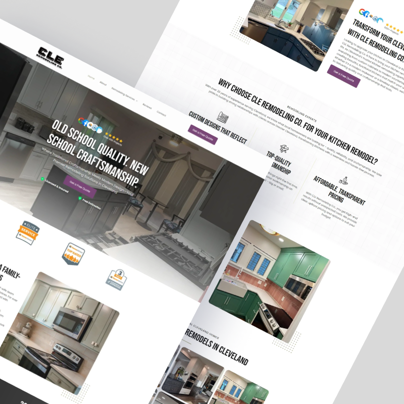 Angled view of a modern interior design website with room photos and bold marketing text