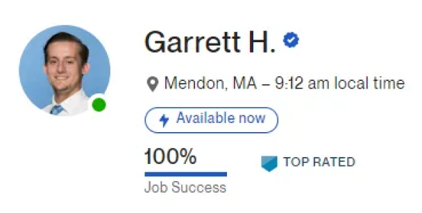 Profile card for Garrett H. showing location, local time, 100% job success, and top-rated status