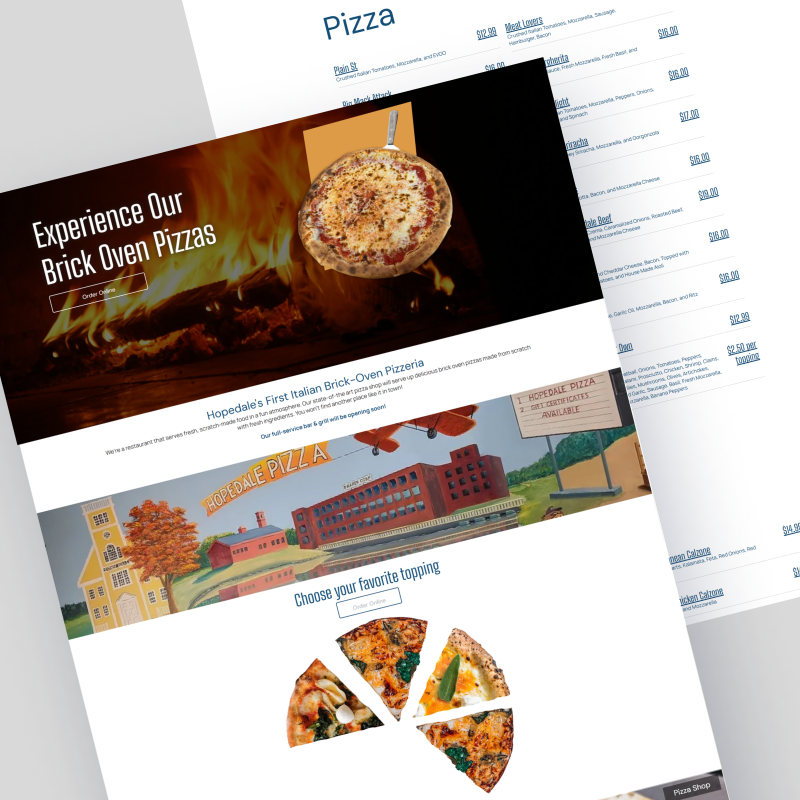 Pizza website mockup with brick oven pizza hero image and illustrated menu sections on a white page