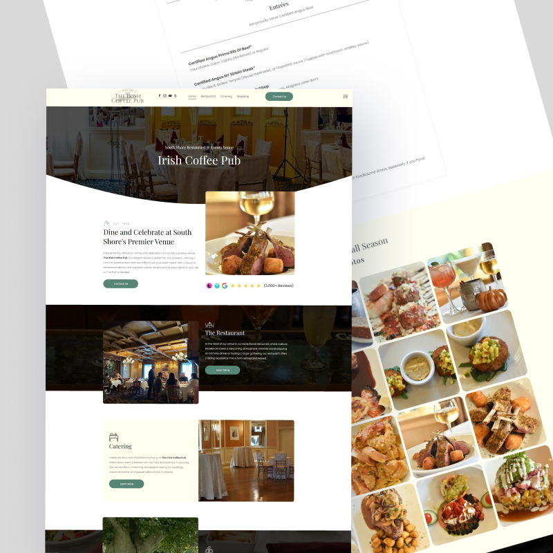 Restaurant website mockup with food photos, warm brown tones, and a collage of dishes on the right