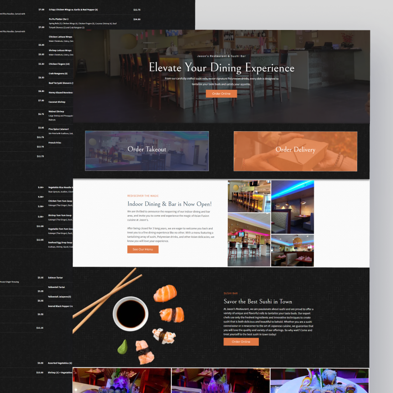 Website homepage for a dining experience, with food photos, menu links, and orange call-to-action buttons