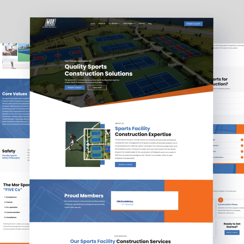 Sports construction website homepage with orange, blue, and white sections and stadium background images