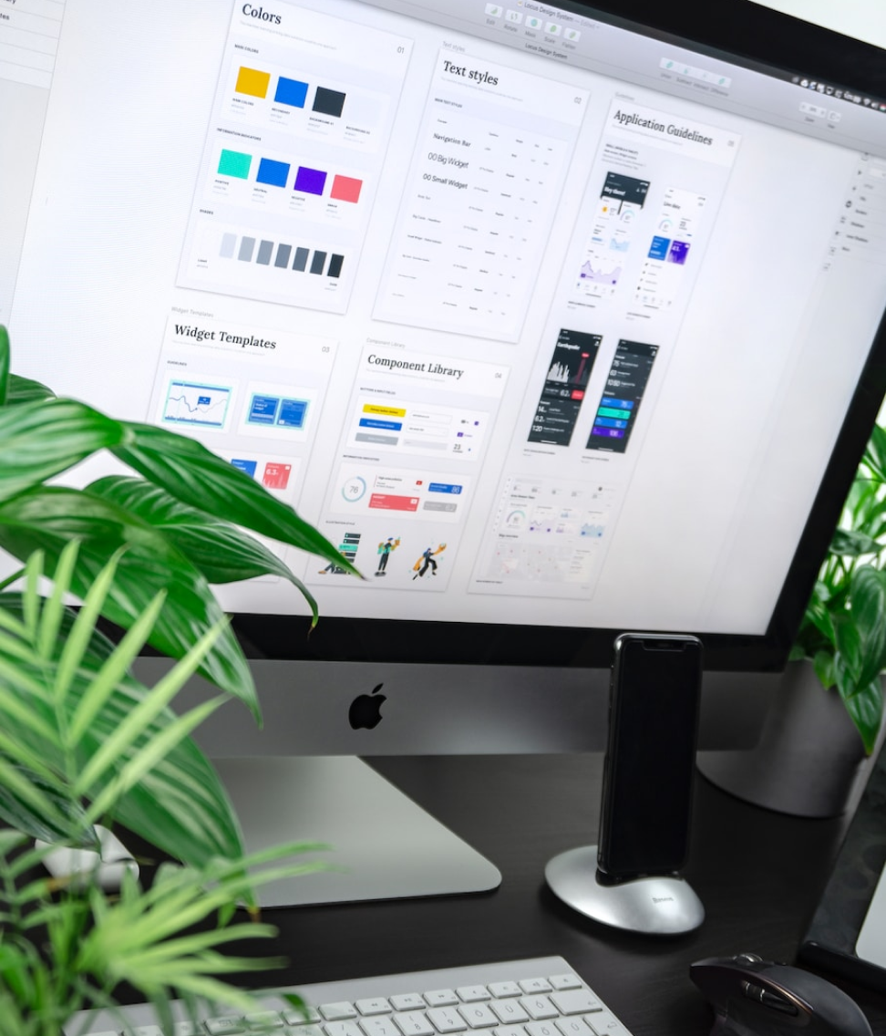 Desktop monitor displaying a website design mockup, with a plant in the foreground on a desk.