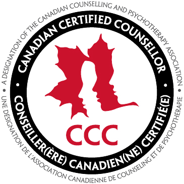 Logo for Canadian Certified Counsellor (CCC). A red maple leaf with human profiles inside, set in a circular black border.