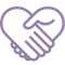 A purple, simple line drawing of two hands shaking, forming the shape of a heart.