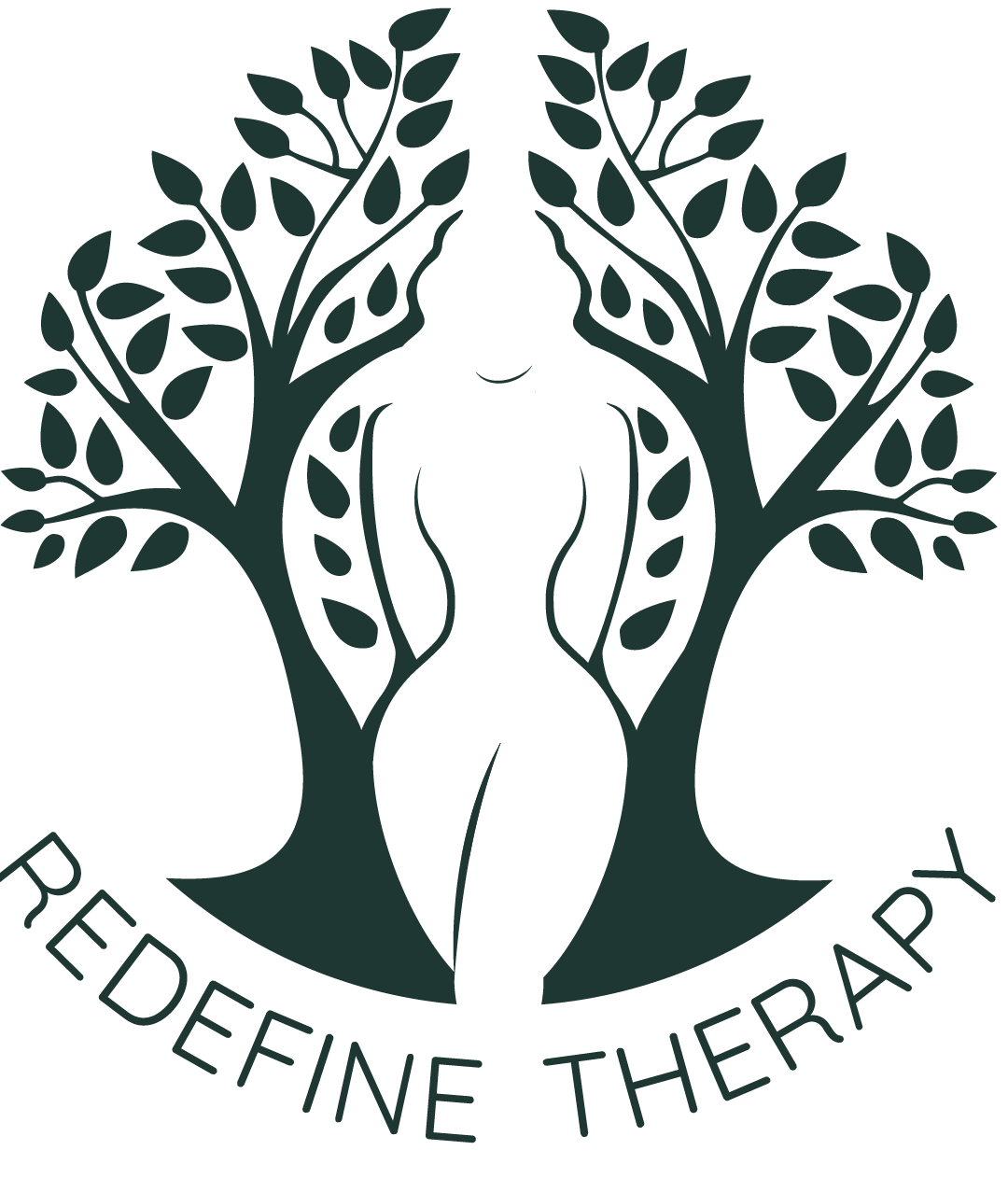 Logo featuring a silhouette of a person standing between two dark green, leafy trees with text reading