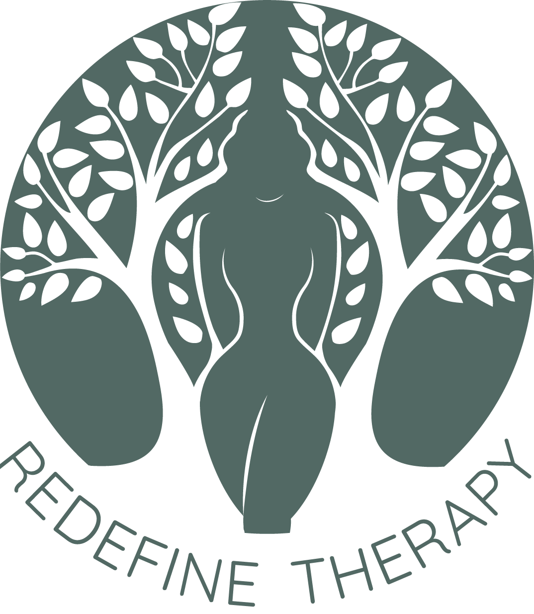 A sage green circular logo featuring a stylized figure blending into tree branches, with text reading
