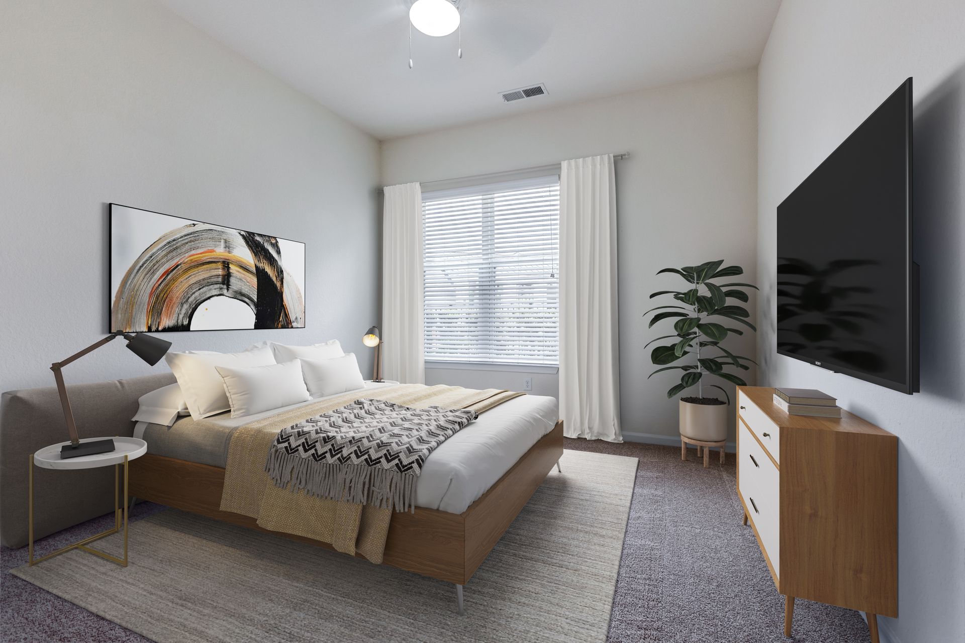 Bedroom with bed, dresser, TV, and artwork. Window with white curtains at Town Center at Lake Carolina in Columbia, SC.
