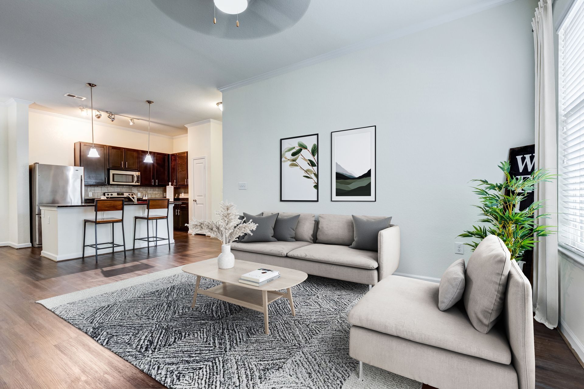 Living room with sofa, chair, rug, and kitchen in the background; light walls and natural light at Town Center at Lake Carolina in Columbia, SC.