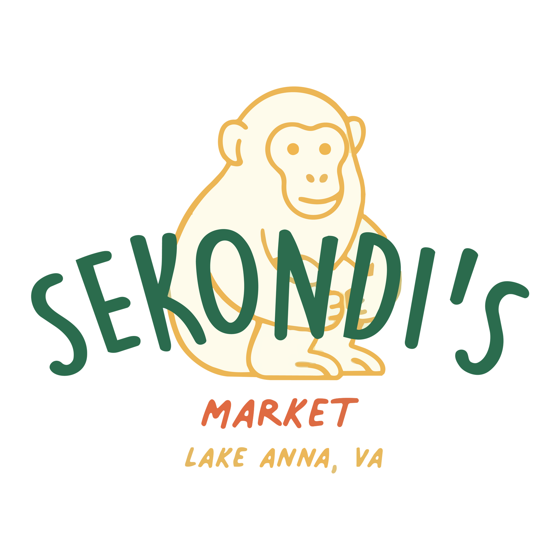 Sekondi's Market logo with a yellow monkey and green/orange text, Lake Anna, VA