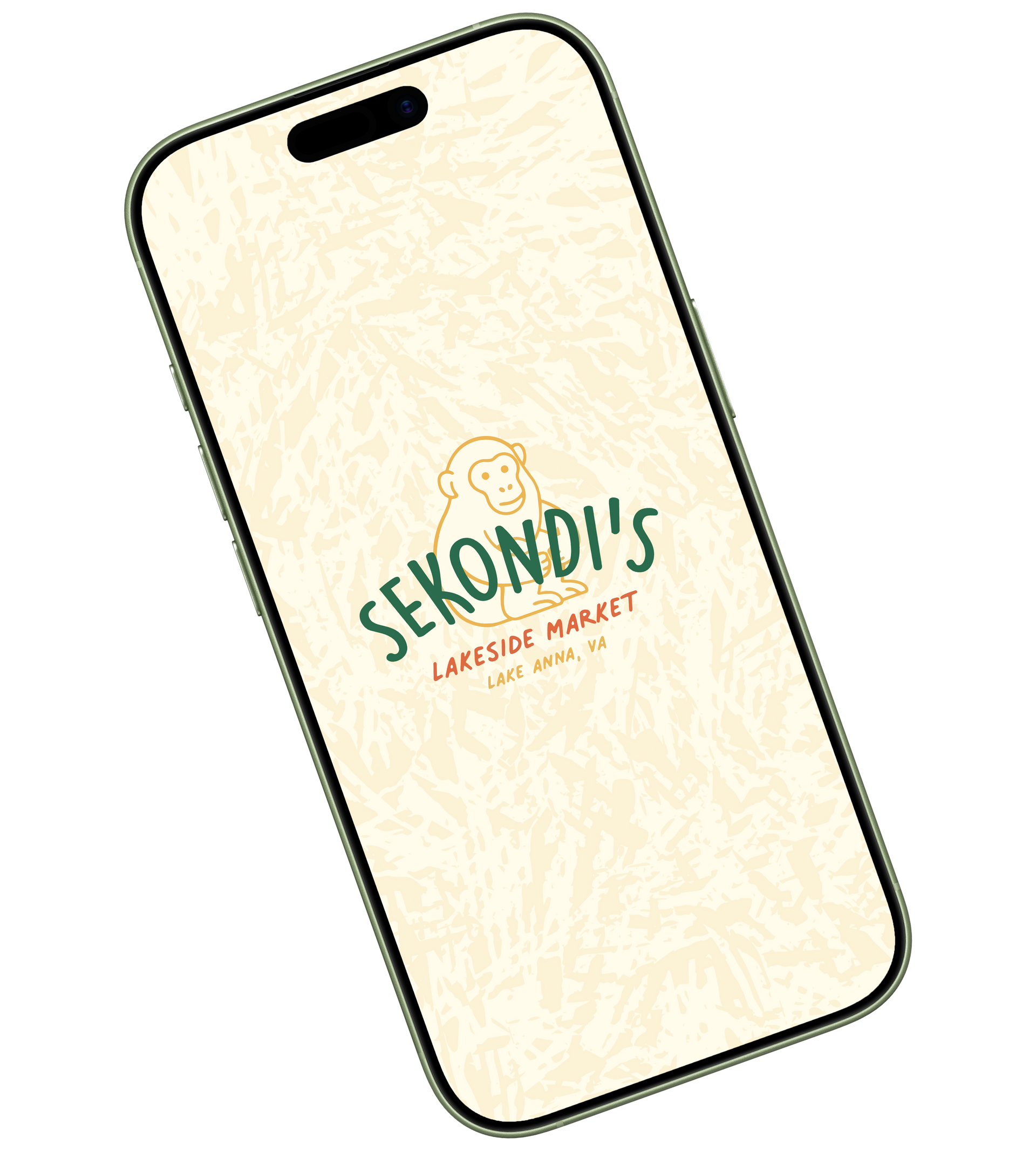 Tilted beige smartphone with “Sekondi’s” logo on the screen.