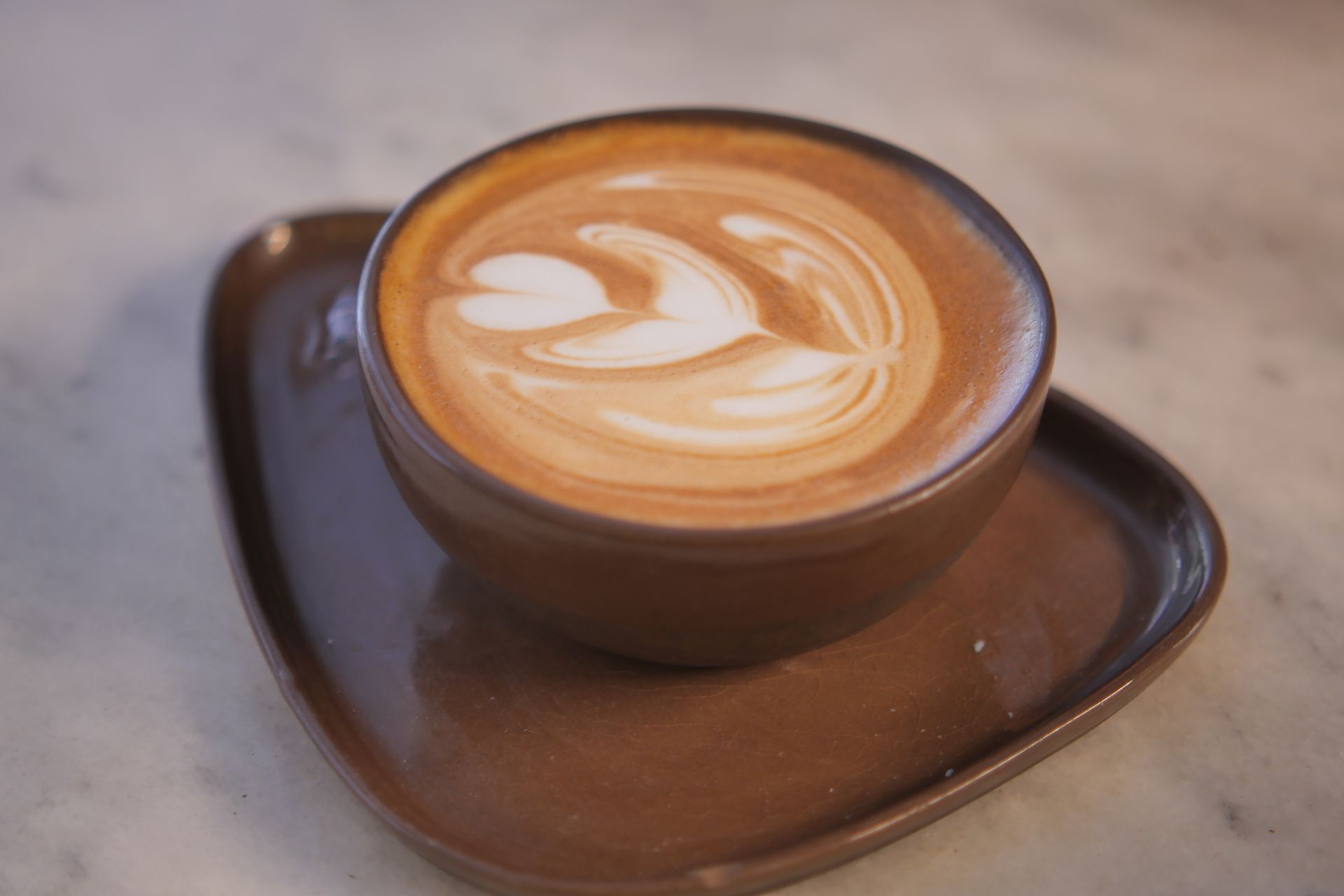 Brown cup of latte with heart-shaped foam on a matching saucer