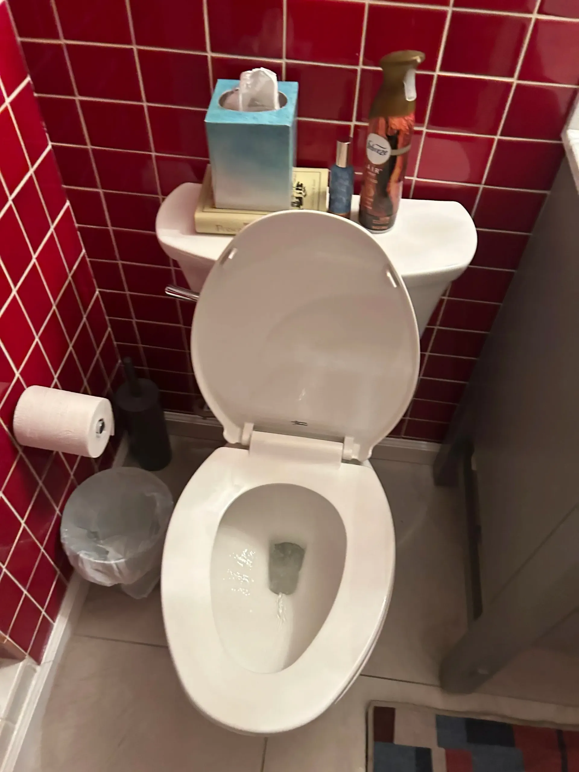 A toilet in a bathroom with red tiles