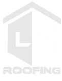 A white logo for a roofing company with a roof and the word roofing.