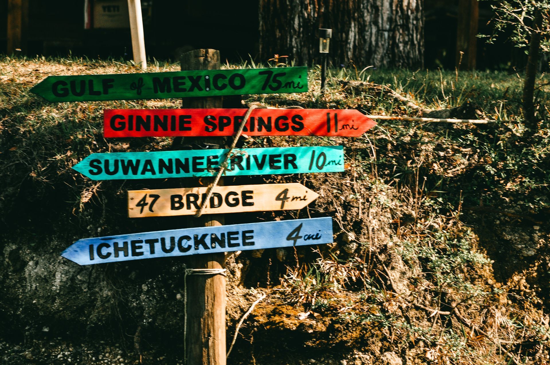 A bunch of signs pointing to different places including gulf of mexico