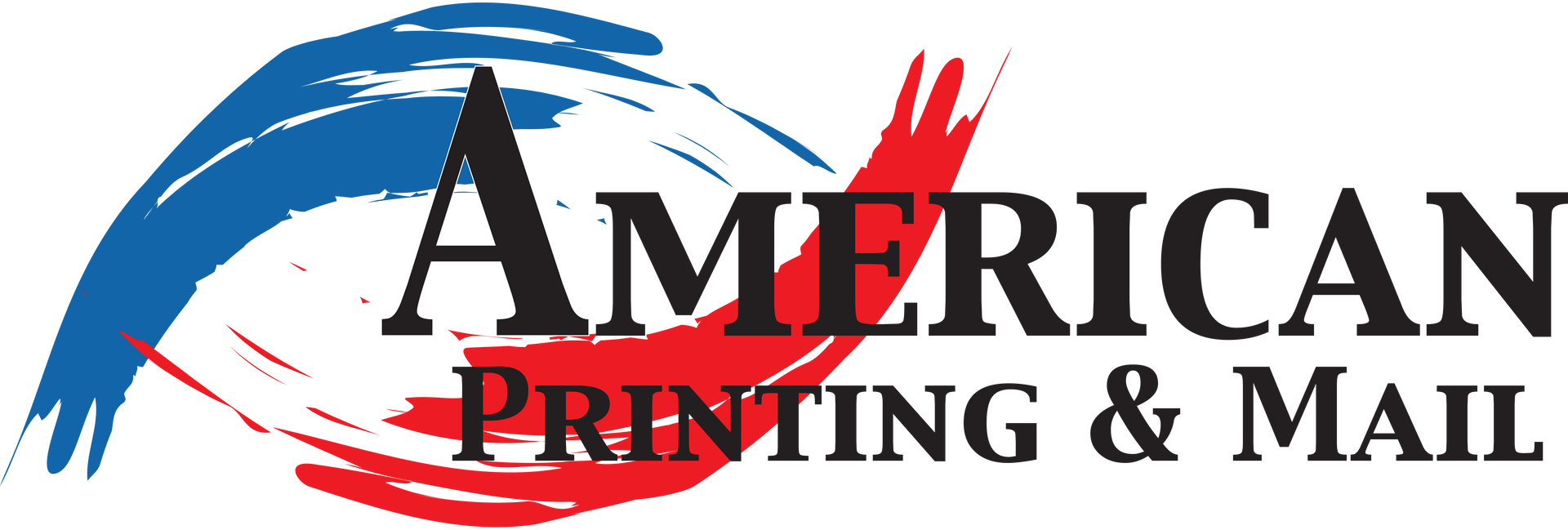 Logo for American Printing & Mail: text over blue and red paint strokes.
