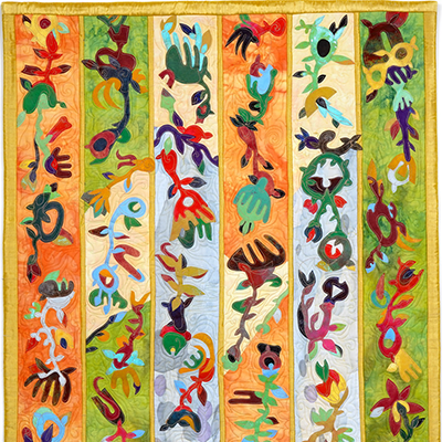 Colorful folk-art painting of vertical panels filled with whimsical bird-like creatures and plant-looking objes on a warm yellow background