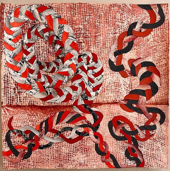 Braided ropes in red, black, and white on a textured red background.