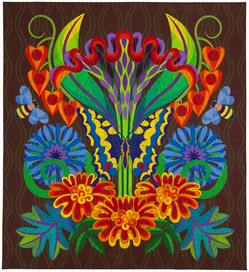 Symmetrical illustration featuring a central butterfly, vibrant flowers, bees, and green foliage on a dark brown background.