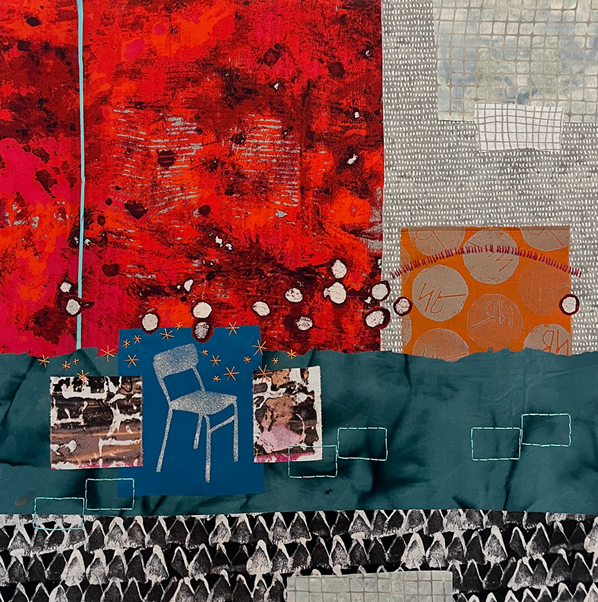 An abstract collage with red, teal, and patterned segments, featuring a central illustration of a white metal chair.