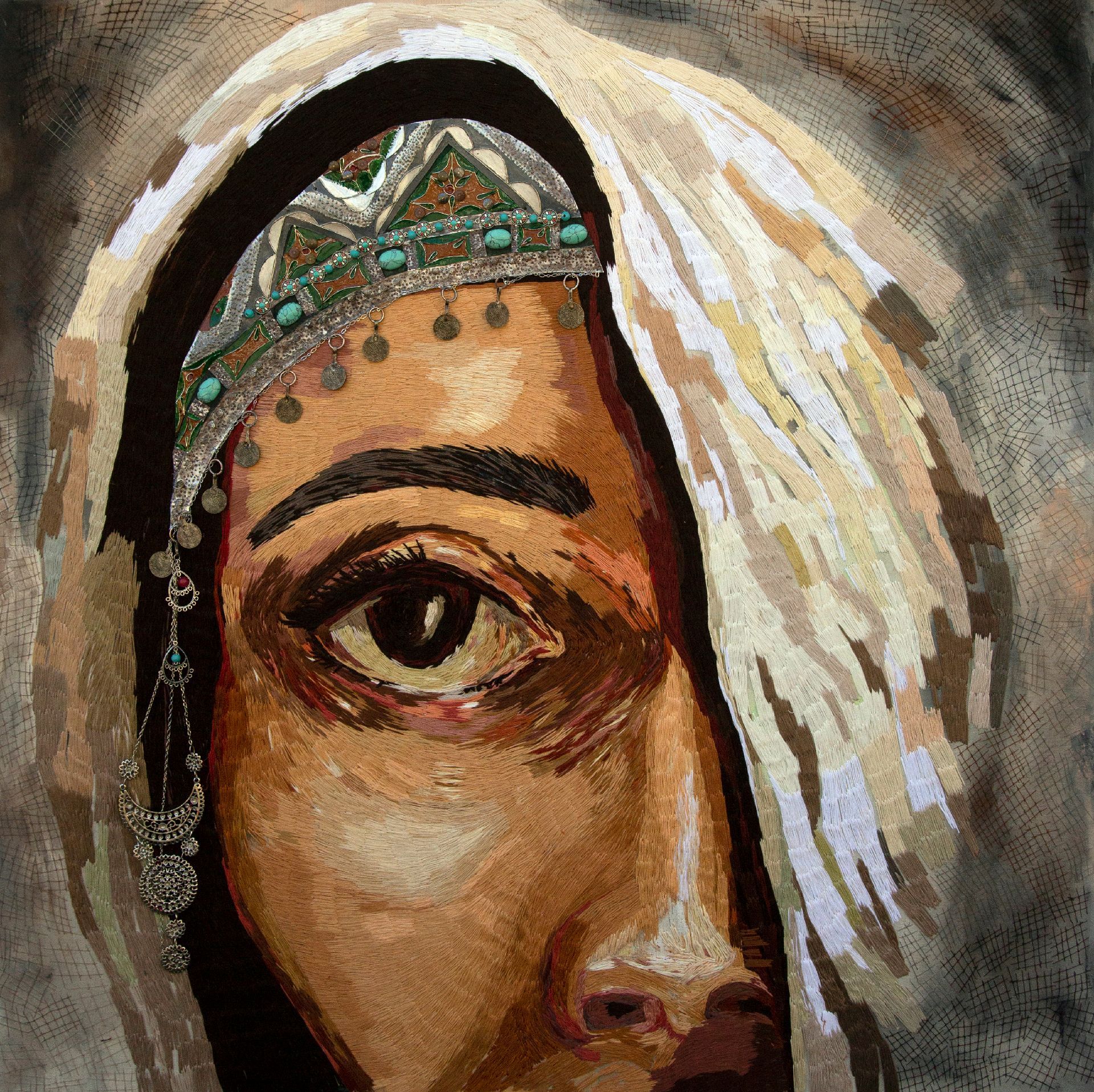 Close-up painting of a woman's face with a jeweled headpiece and white veil