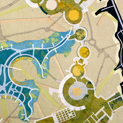 Abstract map illustration in shades of green, blue, yellow, and white, with circular and linear design elements.