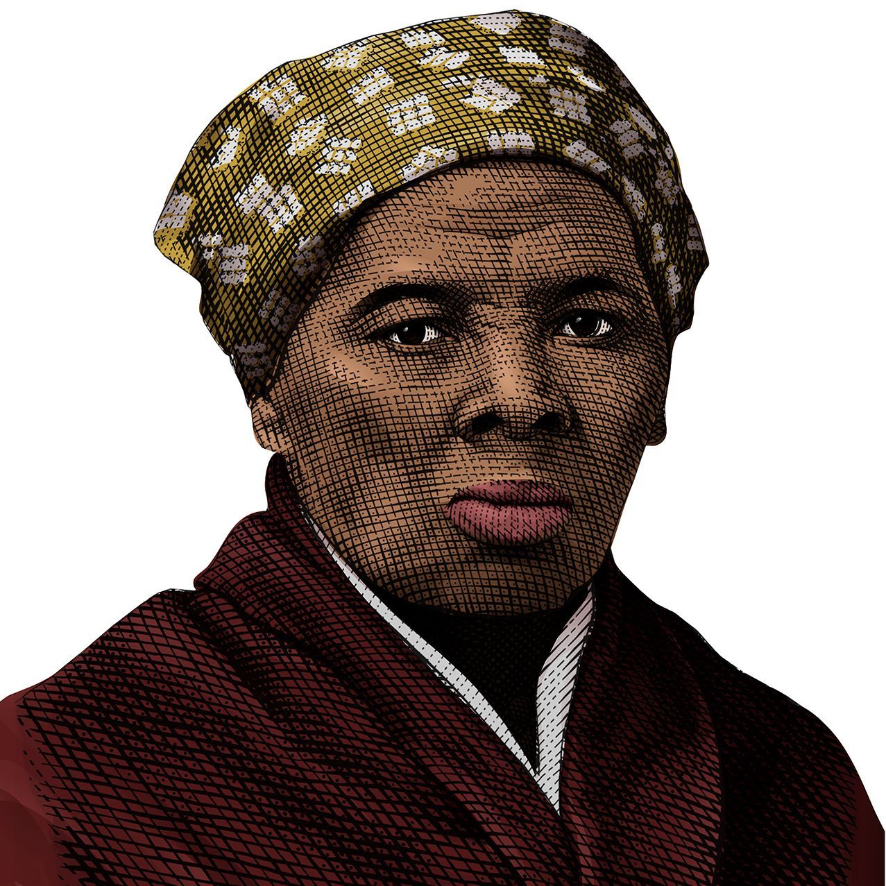 Portrait of a person in a patterned headscarf and dark maroon robe, facing forward with a neutral expression