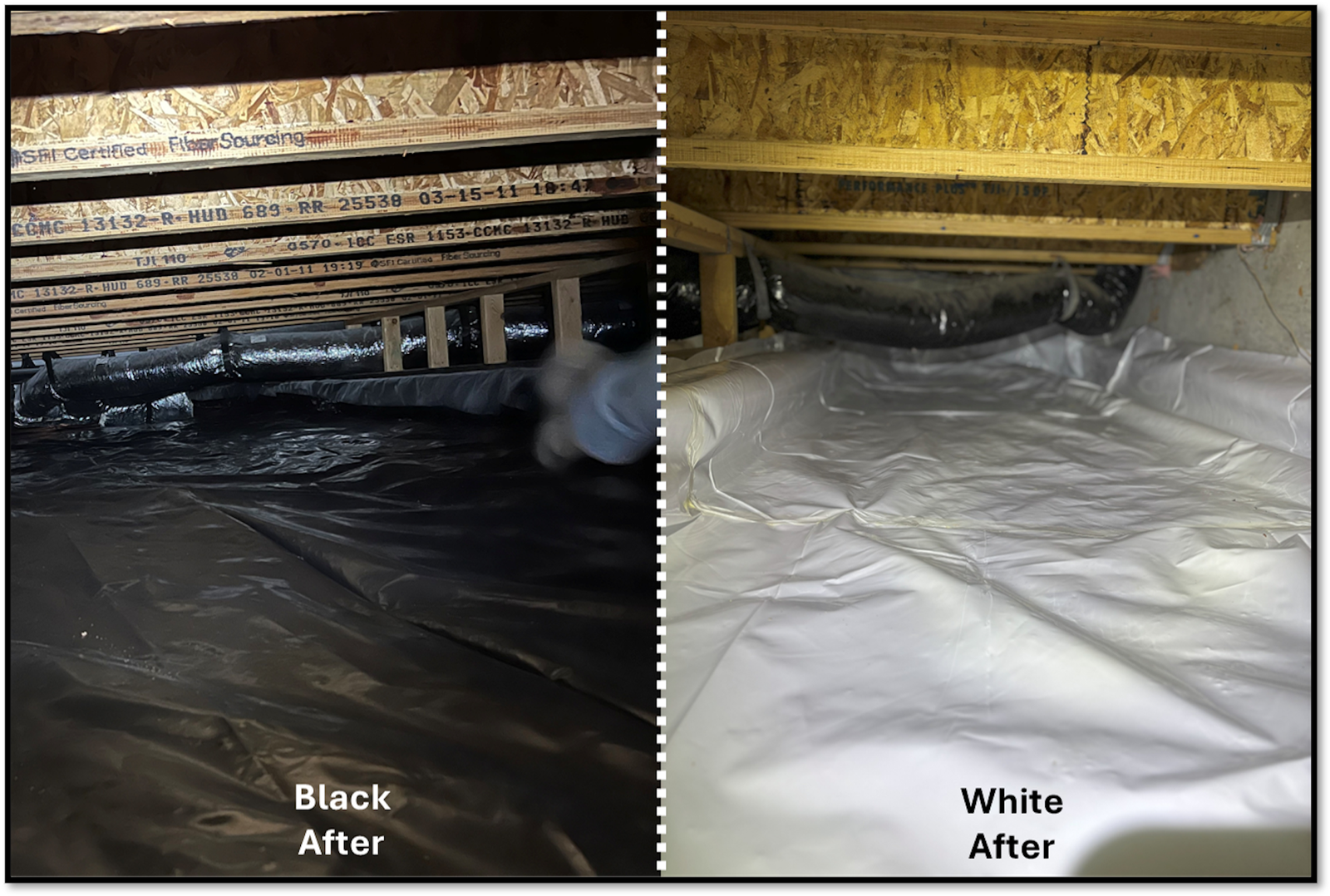 Attic crawlspace comparison: black vapor barrier after on left, white vapor barrier after on right.