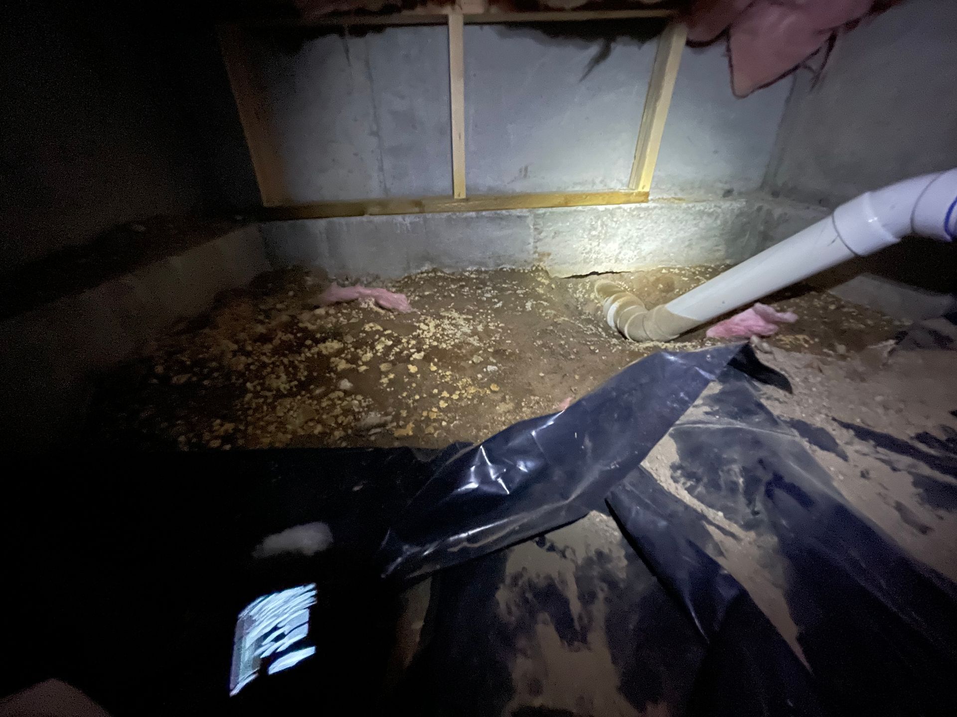 Dim crawlspace with standing water, debris, exposed wall framing, and a white pipe at right.