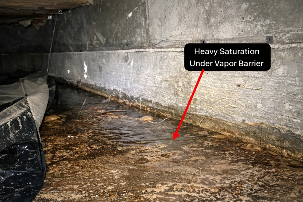 Damp crawl space floor with standing water and a label pointing to heavy saturation under a vapor barrier