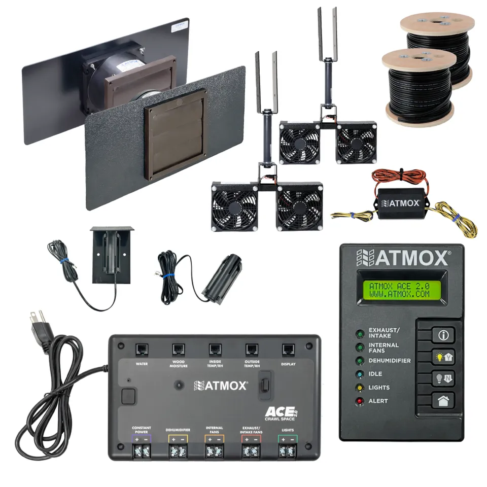 ATMOX security/alarm kit with control panel, keypad, sensors, remotes, wiring, and cable spool
