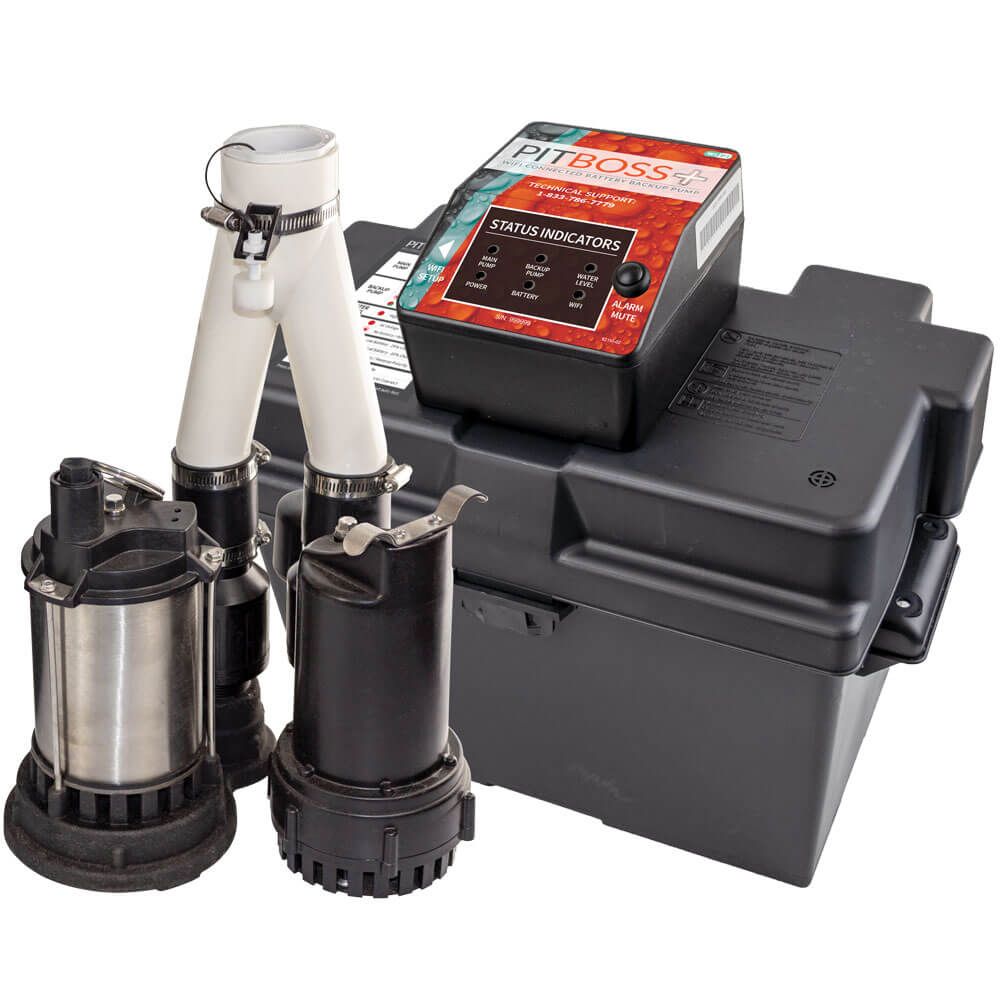 Submersible pump control kit with black battery box and red controller unit on white background